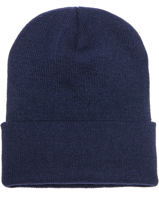 Navy foldover cuffed beanie knit hat with embroidery